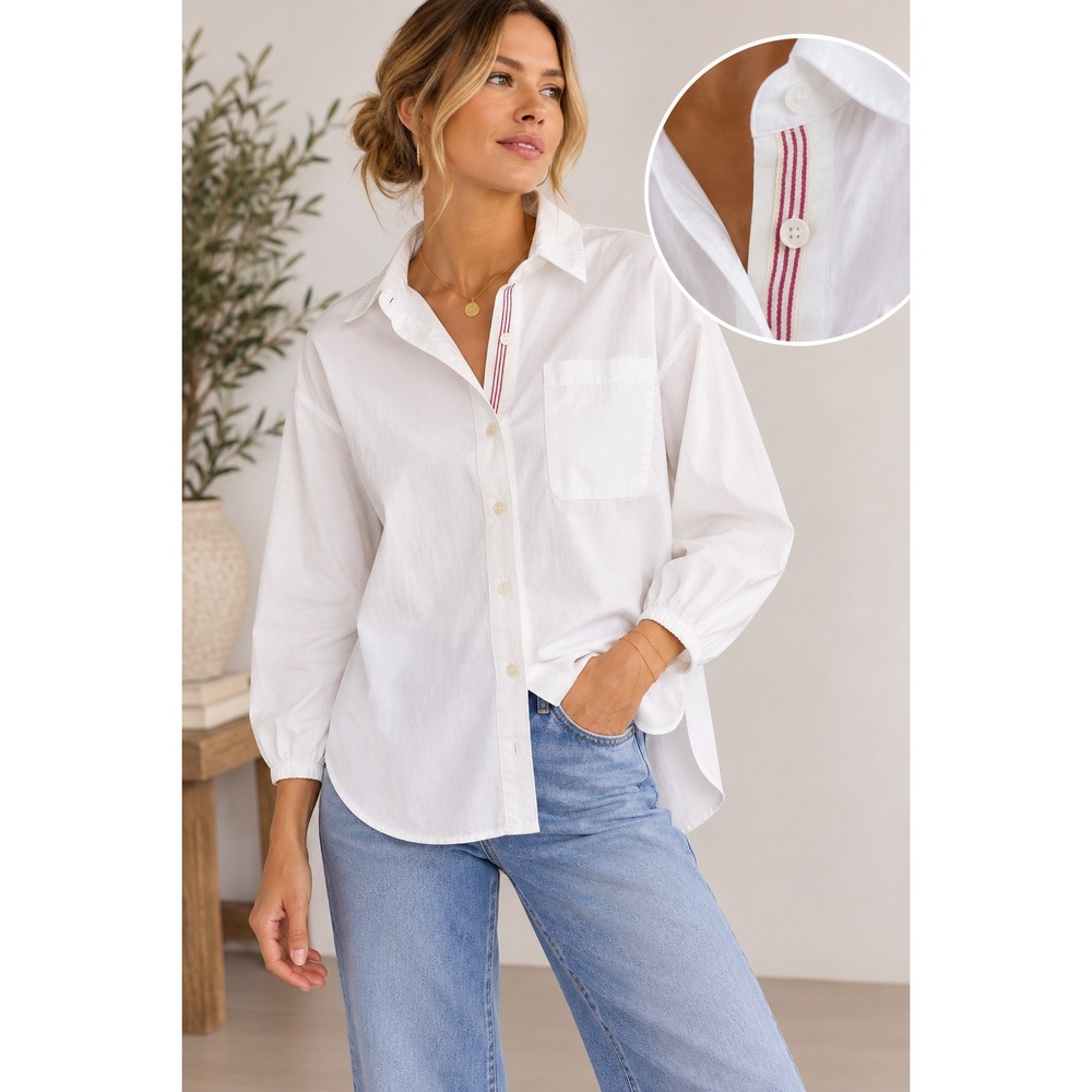 Sundry for Evereve Womens White Cotton Button Down Shirt Striped Placket Size 1